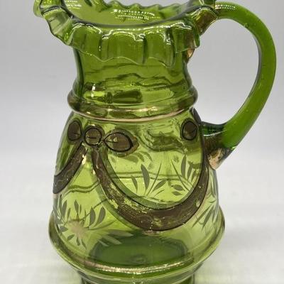 Vintage Green Art Glass Pitcher w/ Gold