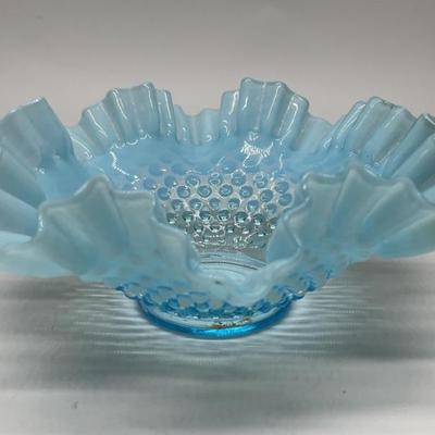 Vtg Fenton Hobnail Ruffled Blue Glass Bowl