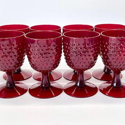 Set of 8 Ruby Red Hobnail Glasses 