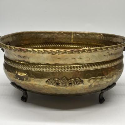 Vtg Solid Brass Footed Planter with Grape Motif