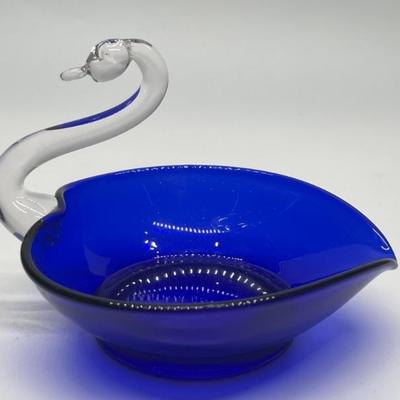 Blown Glass Cobalt Blue Swan Candy Dish
