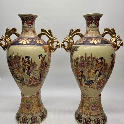 18in Pair of Hand Painted Satsuma Vases 