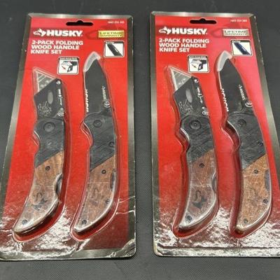 (2) 2-Packs Husky Wood Handled Folding Knives