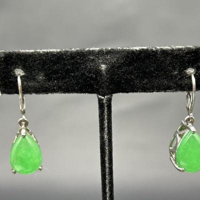 Sterling w/ Jade Earrings, TW 6.31g, 
 Tested