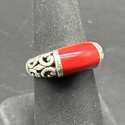 Sterling Silver w/ Red Stone Ring, Size 7
 