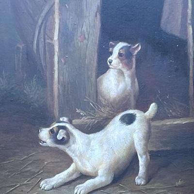 Signed Oil on Board- 2 Dogs in Barn