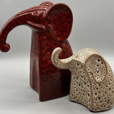 (2) Whimsical Elephant Figurines in Red & White