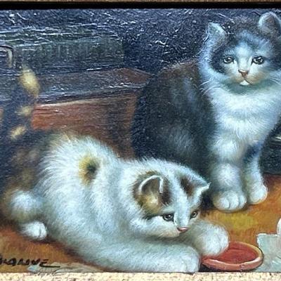 Cats- Oil Painting on Board in Thick Gold Frame,