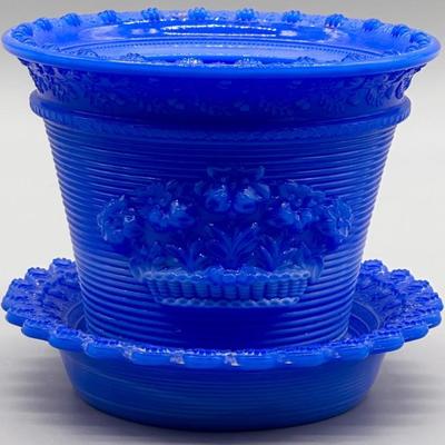 Fenton MMA Blue Art Glass Flower Pit w/ Saucer