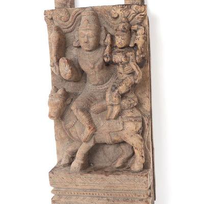 Indian Hindu Carved "God of Destruction" Wood Panel, 18th C. or Earlier
