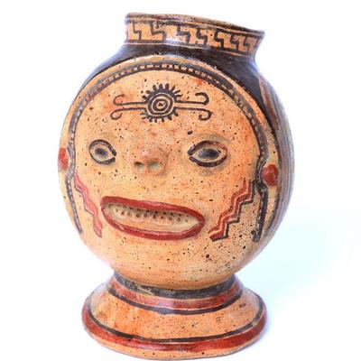 Costa Rican Polychrome Pottery Trophy Head Vessel