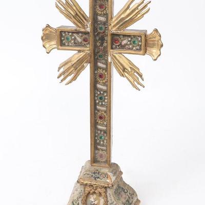 Important Documented Saxon Quill Polychrome Reliquary Cross, Circa 1750...