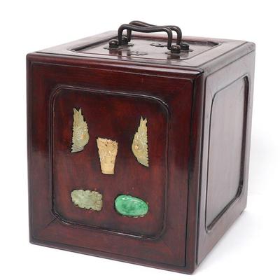 Gorgeous Chinese Hardwood Jewelry Box, Jade & Stone Appliques