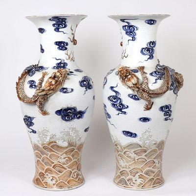 Tall Pair of Chinese Five Claw Dragon Vases