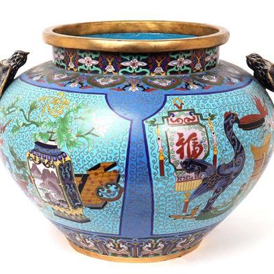 Large Chinese Cloisonné Pot w/Birds...