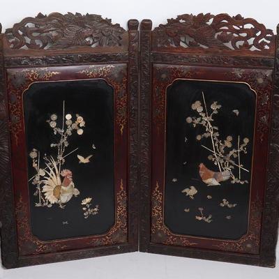 Japanese Shibayama 'Chick & Rooster' Carved 2-Panel Screen, Meiji 19th C.