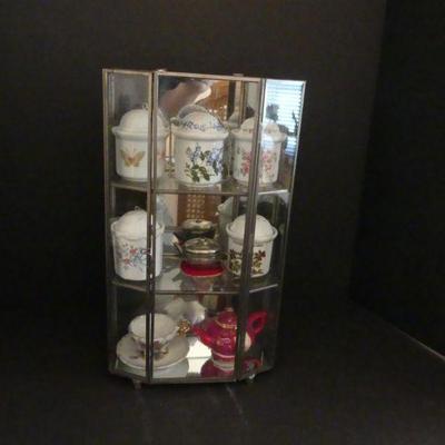 Vintage Glass Mirror Back Display with Porcelain Tea Ball Strainer/Infusers with Caddies - 7½" x 13" x 4"