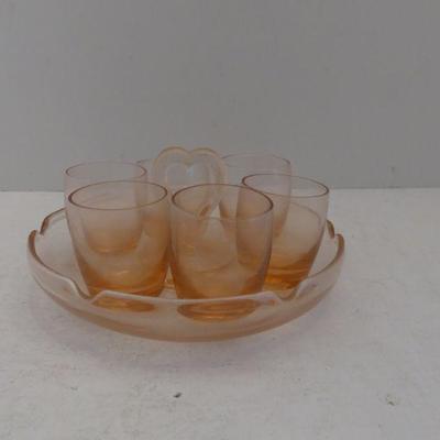 Vintage LE Smith Blush Pink Depression Glass Heart Handled Ashtray with 6 Shot Glasses