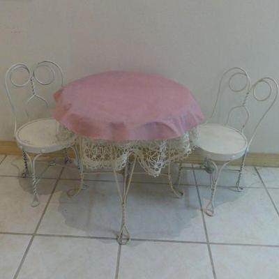 Vintage Cast/Wrought Iron Child Size Soda Fountain Wood Topped Table & 2 Chairs - Table 18" Diameter x 19" Tall