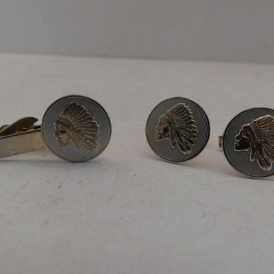Vintage Cuff Link and Tie Bar Set with Indian Headdress Engraved