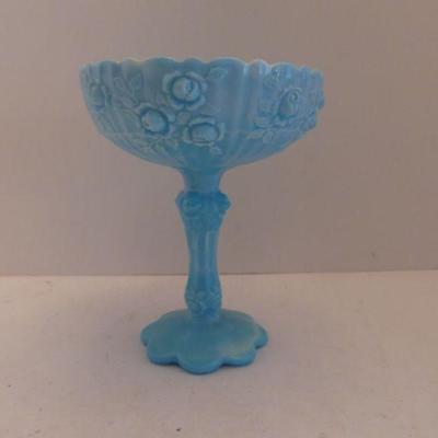 Vintage 1967-1976 Fenton "Rose" Blue Slag Milk Glass Round Compote - 6" Diameter x 7½" Tall