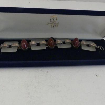 Vintage Sterling Art Deco Carnelian Cabochon Spring Ring Clasp 7" Bracelet