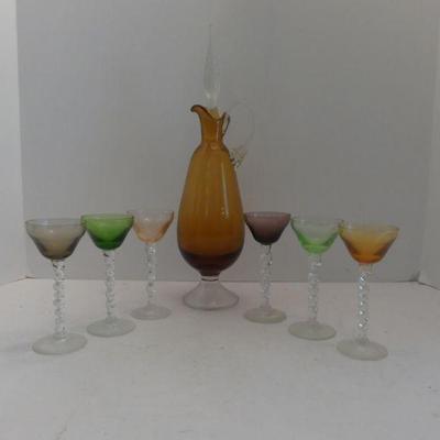 Vintage Hand Blown in Germany Set of 6 Multi Colored Twisted Stem Cordial Glasses with Decanter