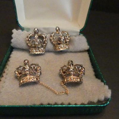 Vintage Sterling Fleur de Lis Crown Clip-On Earring & Brooch Set - TW 19.3g