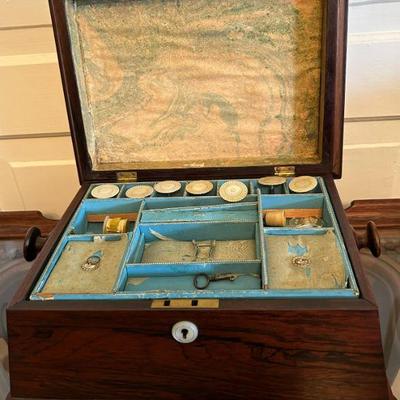 1800's Mahogany Sewing Box with antique sewing items 