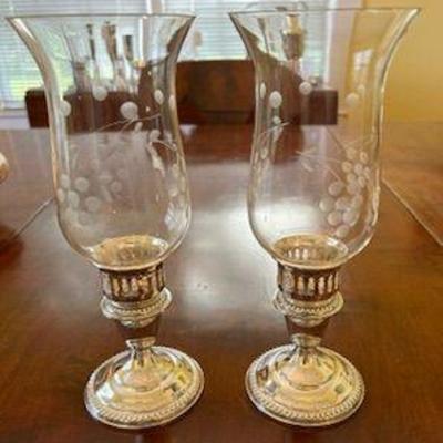 Pair of Sterling Candlesticks with original etched hurricane globes