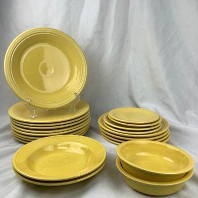 DILA319 Yellow Bowls & Plates Fiesta Ware	This is a partial set.  9 Dinner Plates, 4 Salad Plates, 2 Soup Bowls, 2 Cereal Bowls, 2 Bread...