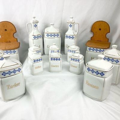 TOSH349 Decorative Ceramic German Spice Jars	Blue decoration with gold design. 
