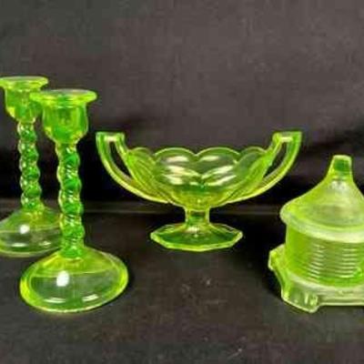 DILA211 Uranium/Vasaline Glass	Mayo bowl, Boyd honey pot lidded dish and 2 candlesticks.
