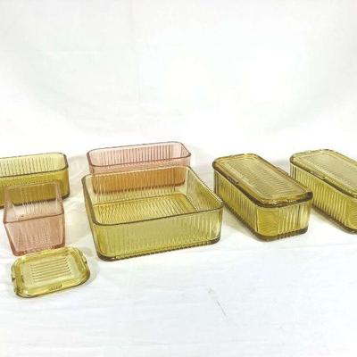 DILA705 Federal Glass Refrigerator Dished	Set of translucent yellow Federal Glass refrigerator dishes. Includes one large dish without...