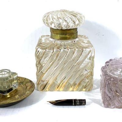 DILA214 Antique Inkwells & Gold Nib, Pen Tip	Art Nouveau brass dish, missing ring that attaches to lid. Lavender tint with Uranium...