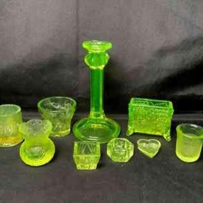 DILA212 Vibrant Glow, Uranium Glass Pieces	Candlestick, Boyd Vaseline glass card holder, Westmoreland carnival glass toothpick holder,...