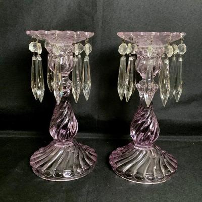 DILA203 Vintage Fostoria Lustre Candlesticks	A pair of lavender tint candlesticks with u-drop prisms.
