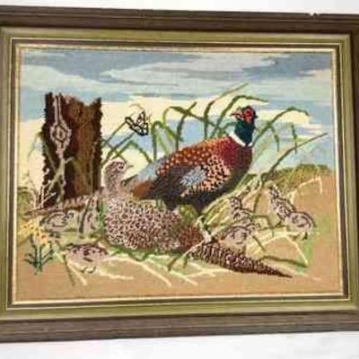 FLRO340 Mid Century Needlepoint Phesant Wall Art	The wood frame has some blemishes. The art measures 27