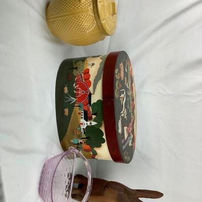 DILA314 Handcrafted Folk Art Bentwood Box & More	Bentwood box is approx 8.5' Tall x 15' Wide.  The pink glass is a...