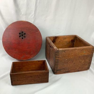 DILA313 Antique Wooden Boxes	the round piece is a Foundry Mold Pattern or Part 'rapping plate' reads 'Master'. 
