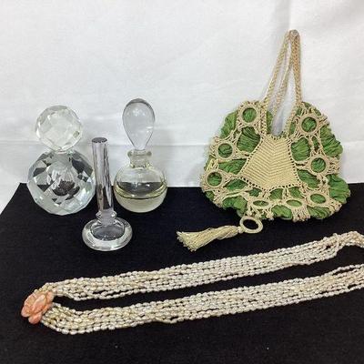 DILA716 Perfume Bottles, Vintage Freshwater Rice Pearl Necklace, Antique Purse	Three handcrafted perfume bottles. 
