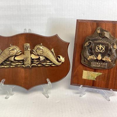 TEMA722 Two Vintage US Navy, Submarine Presentation Plaque’s	Solid brass pieces mounted to solid wood base. Great for a collector. First...