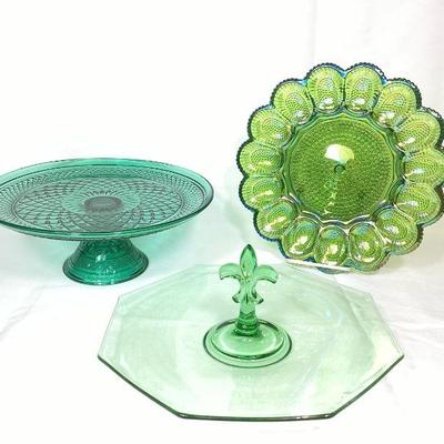 DILA708 Trio Of Collectible Glass, Serving Pieces, Green	Anchor Hocking , Wexford green cake stand
