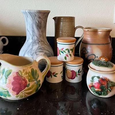 KKV112- Assorted Pottery Pitchers, Marble Like Vase, Ceramic Jug & Spice Jars 