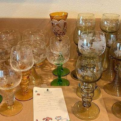 KKV169- Vintage Etched Amber & Green Bubble Prunts/Wine Glasses 