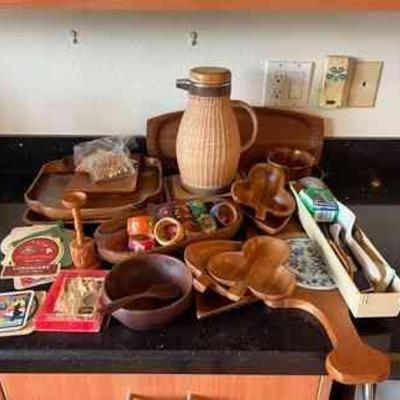 KKV134- Various Wooden Serveware, Vintage Coasters & Woven Coffee Pot