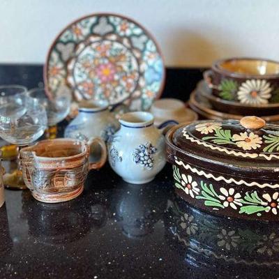 KKV096- Various Vintage Glazed Pottery Serveware & Vintage Amber Etched Stemware