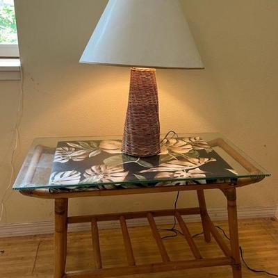 KKV009 Bamboo Glass Top End Table & Rattan Table Lamp