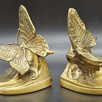 Vintage Solid Brass Butterfly Bookends