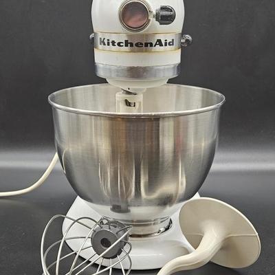White KitchenAide Stand Mixer + Attachments & Bowl